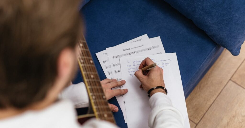 ギターの純正パーツと交換パーツを並べている様子